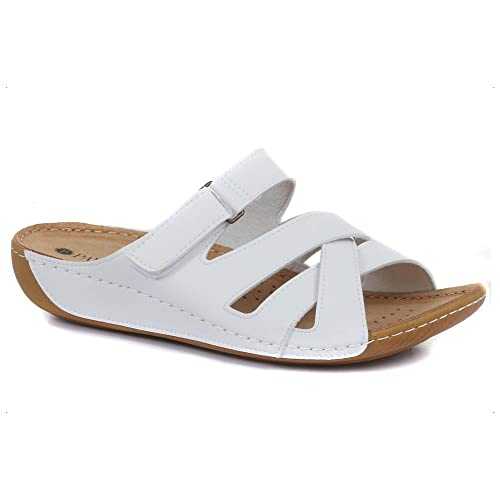 Pavers Ladies Sandals | Touch Fasten Strap for Adjustable Fit | Slip On Mule Design | Soft & Comfy Leather Insole | Summer Shoes for Women | Wider Fit D-E - White Size 6