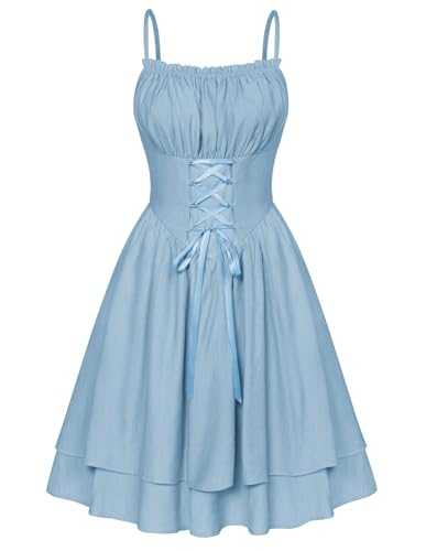 SCARLET DARKNESS Women Summer Spaghetti Strap Victorian Dress Lace-up Smocked Tiered Knee Length Dress