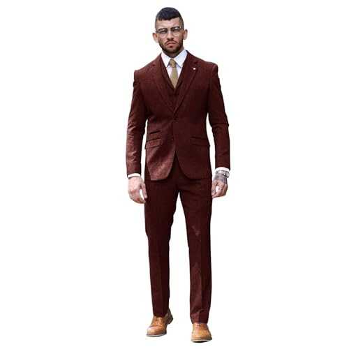 Kromoc Men's Three Pieces Herringbone Notch Lapel Two Buttons Suit Wedding Prom Jacket Pants Vest