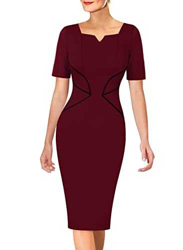 VFSHOW Womens Short Sleeves Pleated Bow Wear to Work Church Sheath Dress