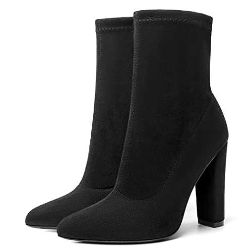 risdoada Women's Sock Boots Chunky Heel Ankle Boots Pointed Toe Elastic Suede Fall Winter High Heeled Mid Calf Booties