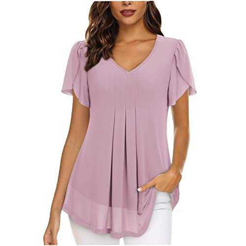 AMhomely Tee Shirts for Women Elegant Short Sleeve V Neck T-shirt Blouse Girls Solid Color Jumper Formal Work Office Business Blouse Ruffle Night Out Shirts for Leggings