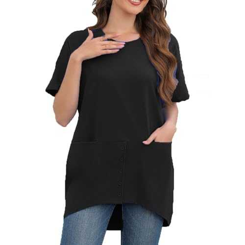 AMhomely Long T Shirts for Women UK Summer Short Sleeve Shirts with Pocket Tees Shirts Hanky Hem Solid Loose Pullover Tops Dressy Shirts Sportswear T Shirts Comfort Casual Tees Blouse