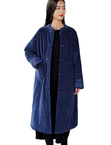 NFYM Women Long Winter Coat Thick Warm Corduroy Padded Jacket Stand Collar Chinese Tang Suit Outerwear
