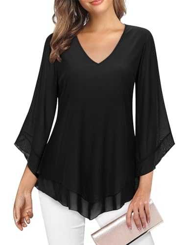 Gemulate Womens Blouse Ruffle 3/4 Sleeve Blouses for Women V Neck Chiffon Tunic Tops Double Layers Mesh Shirts