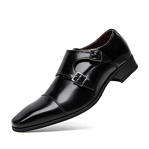 HOOENG Shoes Dress Oxford for Men Slip On Double Monk Strap Square Cap Toe Leather Anti-Slip Rubber Sole Slip Resistant Walking