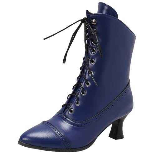 CUTEHEELS Women Retro Style Kitten Heel Ankle Boots with Side Zipper&Lace-Up Closure