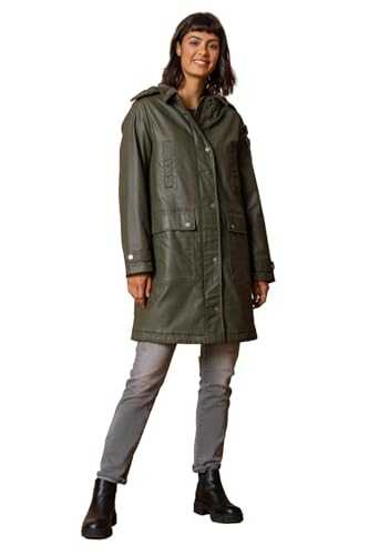 Roman Originals Women Waxed Coat with Hood - Ladies Hooded Winter Jacket with Pockets Autumn Long Longline Rainproof Windproof Showerproof Everyday Evening Work Smart Casual
