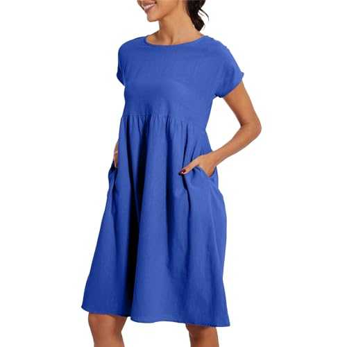 Women's Dresses Casual Cotton Linen Summer Dress for Women UK Plus Size Ladies A-Line Sundress with Pockets Loose Fit Womens Round Neck Short Sleeve Midi Sundresses Beach, Vacation Daily Wear