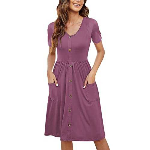 Dresses Summer Casual Women Summer Casual Short Sleeve Dresses Button Down Knee Length Dress with Pockets Embroide Swing Tunic Dress