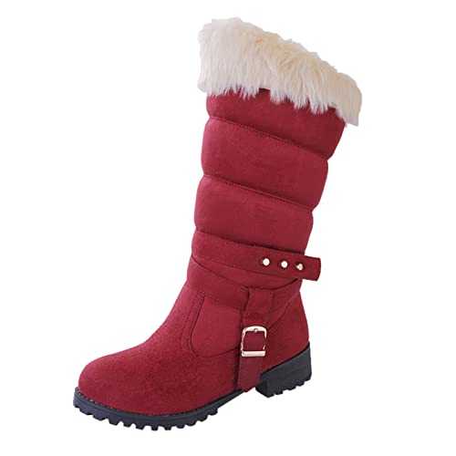 Winter Snow Boots for Womens Fashion Casual Warm Suede Chunky Ankle Boots Round Toe Faux Booties Ladies Shoes Thick Heel Belt Buckle Mid-Tube Boots