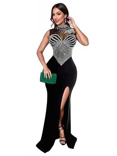 Figdaw Women's Sexy Rhinestone Sleeveless Night Club Prom Dress Sparkly Evening Gown Split Long Dresses Cocktail Party C6913