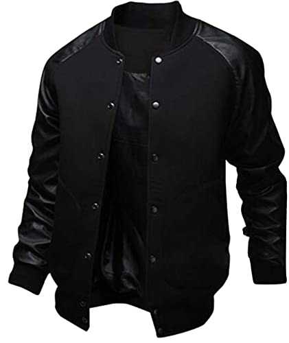 Men's Fashion Splicing Leather Sleeve Baseball Varsity Bomber Jacket