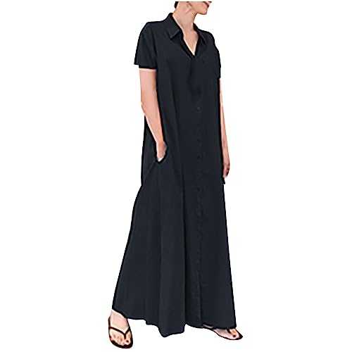 Women Plus Size Shirts Dress Cotton Linen Maxi Dresses Ladies Clearance UK Button Down V Neck Long Dress Solid Color Beach Dress Cover Up Vintage Boho Kaftan Dresses Elegant Office Vacation Dress