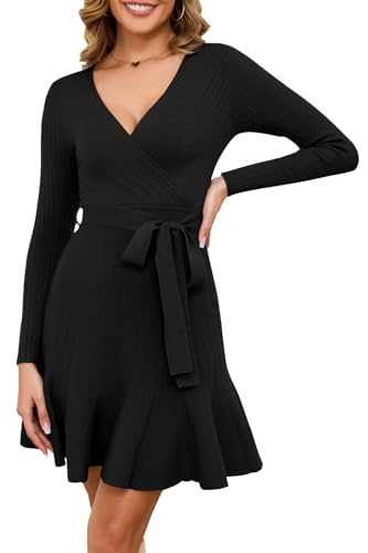 Arach&Cloz Jumper Dress for Women UK V Neck Knitted Wrap Dress Long Sleeve Casual Party Dress with Belt