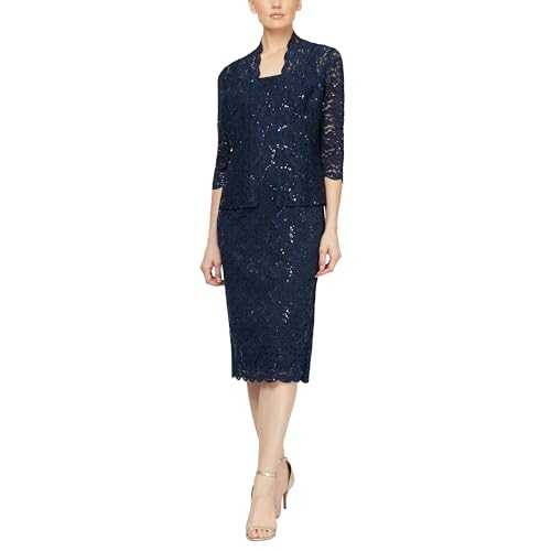 S.L. Fashions Women's Tea Length Sequin Lace Dress with Illusion Sleeve Jacket Special Occasion