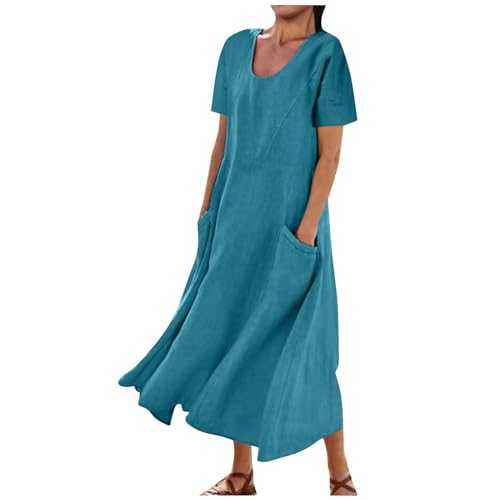 Women Dresses with Pockets Short Sleeve Solid Color Dresses Casual Loose Cotton Linen Clothes