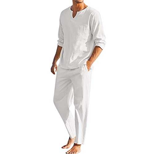 Men's Pieces Cotton Linen Set Henley Shirt Long Sleeve and Casual Beach Trousers Summer Yoga Outfits Suit African