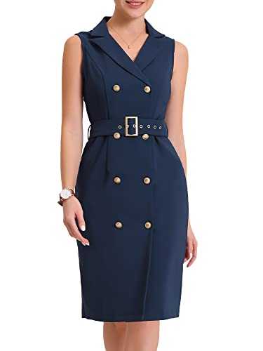 Allegra K Women's Sleeveless Notched Lapel Double Breasted Belted Work Office Blazer Dress