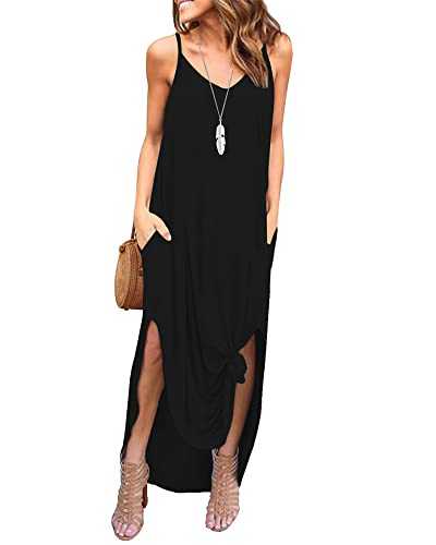 AUSELILY Women Casual Maxi Dress Summer Floral Spaghetti Strap Maxi Beach Dress Cover Up Ladies Split T-Shirt Long Dress with Pockets