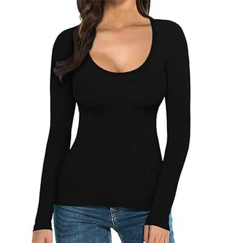 Long Sleeve Stretch Top Womens Women's T Shirt Solid Color Low U Neck Slim Bottom Long Sleeved Top Undershirts Women Longline T Shirt Women Womens Cotton Shirts Long Sleeve