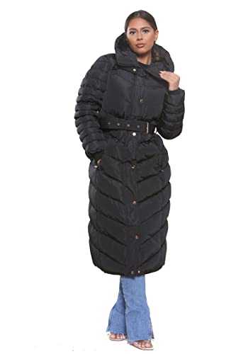 kraftd Womens Winter Coat Padded Quilted Warm Long Puffer Down Jacket Wind Proof Hooded Belted Parka Coats