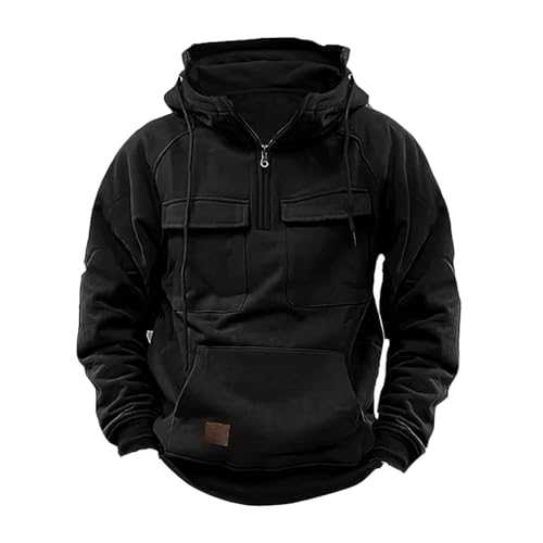 RLEHJN Tactical Hoodies for Men UK, Cargo Military Jacket Men Half Zip Sweatshirt Long Sleeve Casual Plain Hoody Multi Pockets Hooded Pullover Lightweight Coats for Outdoor Workout Gym Sports Running