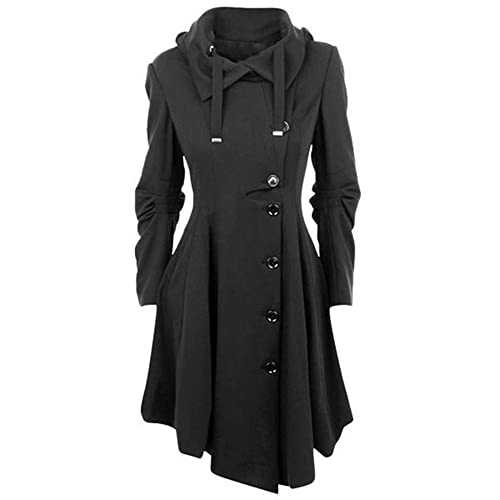Shoplifemore Gothic Long Trench Coat Black Slim Asymmetric Lapel Collar Button Elegant Autumn Winter Vintage Goth Overcoat Outwears