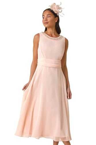 Roman Petite Trim Detail Ruched Midi Dress for Women UK - Ladies Everyday Holiday Spring Summer Round Neckline Comfy Soft Evening Vacation Work Party