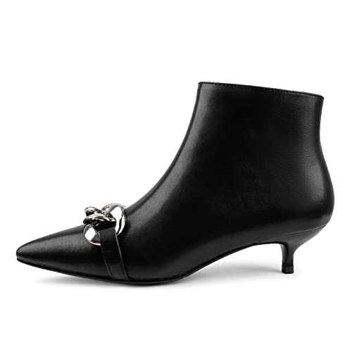 COLETER Women's Black Leather Kitten Heels Ankle Boots Pointed Toe Zipper Autumn Usual Wear Booties