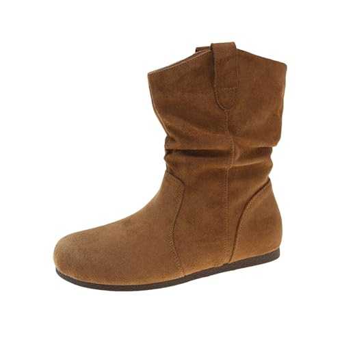 Western Ankle Boots For Women Spring Summer Autumn Single Retro Soft Leather Round Toe Flat Bottom Style Flat Heel Pleated Suede Small Single Boots Mid Calf Boots Women