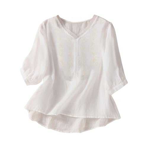 Flodxo Women's Blouses & Shirts V Neck Comfy Linen Tops Summer Boho Short Sleeve Tshirts Elegant Casual Vintage Embroidered Pullover Trendy Bohemian Going Out Tunic Tops for Holiday