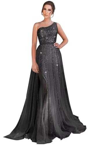 One Shoulder Sequin Long Prom Dresses for Women 2024 Sparkly Tulle High Slit Formal Maxi Evening Dress with Slit