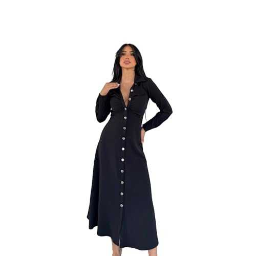Women's Elegant Maxi Dress – Long Sleeve Dress, Button-Down, Belted Waist, Chic Collar & Chest Detail – Formal, Office & Evening Wear