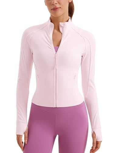 CRZ YOGA Women's Butterluxe Full Zip Running Jacket Pockets Outdoor Sports Cropped Jackets Gym Long Sleeve Top with Thumb Holes