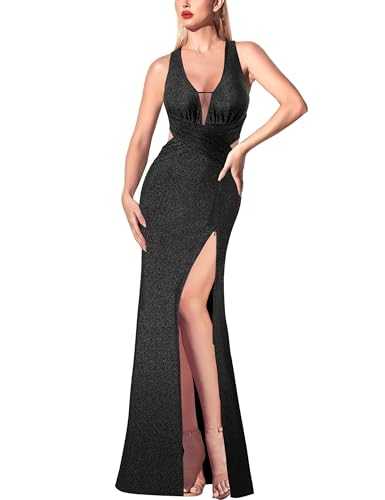 VFSHOW Womens Sexy Deep V Neck Ruched Backless Formal Prom High Slit Maxi Long Dress Wedding Guest Cocktail Evening Gown