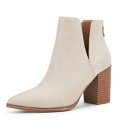 SERAIH Womens Pointed Toe Ankle Booties Stacked Mid Block Heel Cutout Back Zipper Shoes Faux Leather Boots