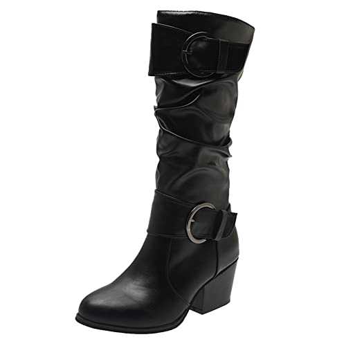 Women's Ankle Boots Small Heel Fashion Women Square Heels Artificial Leather Buckle Strap Boots Mid-Calf Shoes Round Toe Rubber Boot Fancy