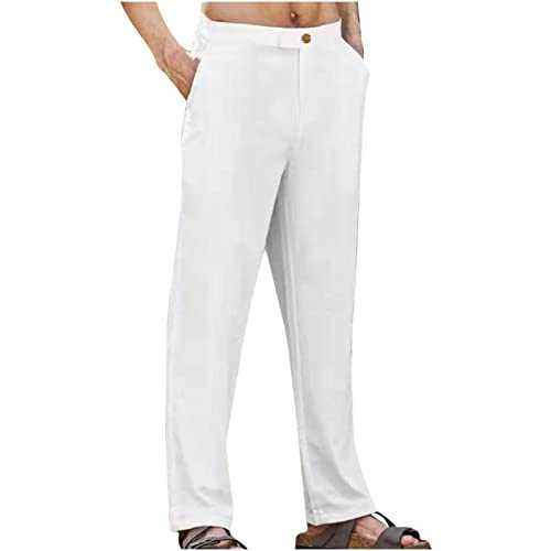 Men's White Casual Trousers UK Clearance Business Straight Trousers Classic-Fit Stretch Chino Trouser Straight Fit Twill Pant Formal Smart Work Pants Button Sweatpants Solid Color Tracksuit Bottoms