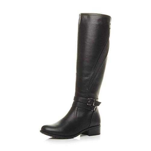 AJVANI Womens ladies low heel stretchy biker buckle calf knee chelsea riding boots size