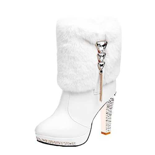 Knee High Boots Women Small Heel | White Rhinestone Heel Cowgirl Boots Soft Comfortable Leather Cowboy Boots Women Solid Colour Steel Toe Cap Boots Womens Fashion Elegant Heel Chelsea Boots