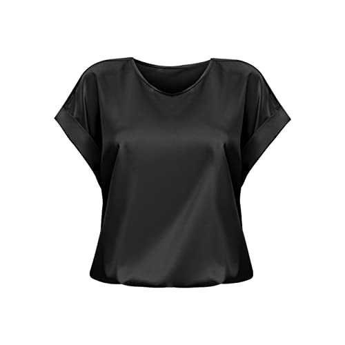 T Shirt for Women UK Ladies Short Sleeve Tops Solid Color Round Neck Tops Silky Smooth Going Out Blouse Casual Roll Up Sleeve T-Shirt Lightweight Satin Summer Blouses Loose Top for Daily Wear