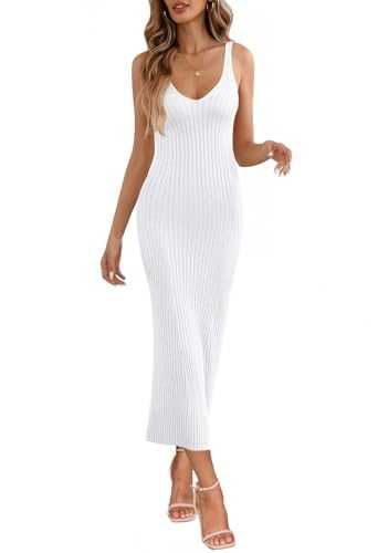 MEROKEETY Women's 2023 Summer V Neck Knit Midi Dress Bodycon Sleeveless Ribbed Sweater Dresses