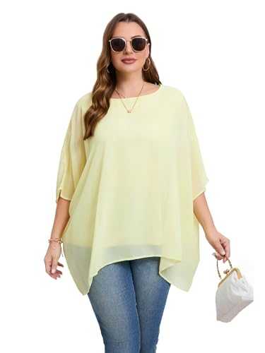 Cute Ann Womens 3/4 Batwing Sleeve Plus Size Elegant Summer Cape Blouse Scoop Neck Oversized Long Casual Tunic Tops Shirts