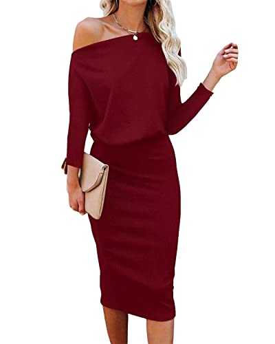 Ezbelle Women's Off The Shoulder Hips-wrap Batwing 3/4 Sleeve Party Pencil Sexy Bodycon Midi Dress