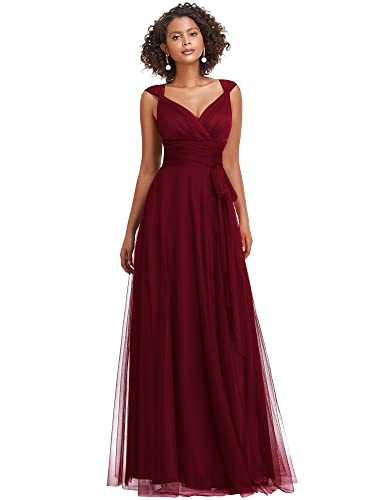 Ever-Pretty Women's Floor Length Elegant V Neck Empire Waist A Line Tulle Plus Size Bridesmaid Dresses Burgundy 30UK