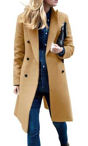Women's Basic Designed Notch Lapel Double Breasted Mid-Long Wool Pea Coat, Camel, XX-Large