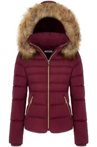 BodiLove Women's Belted Down Puffer Jacket with Faux Fur Trim Hood