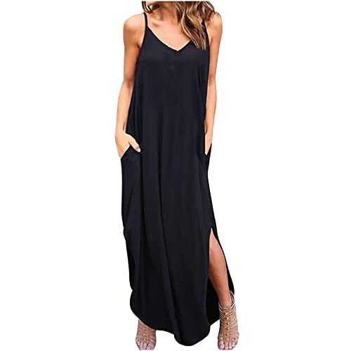 Women Summer Maxi Split Casual Dress Clearance Loose Sleeveless Solid Maxi Dresses with Pocket Women Halter Neck Wedding Guest Elegant Beach Sundress Lounge Slip Spaghetti Strap Dresses UK Size