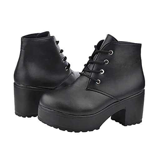 YAOJIWANG Gothic Platform Ankle Boots for Womens UK Vintage Ladies Leather Wedge Chunky Platform Knee High Boots Skull Punk Mid-Calf Chunky Heel Motorcycle Biker Boots Size 4 5 6 7 8